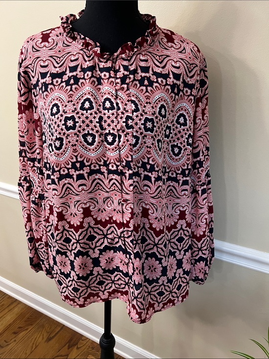 The Limited Tops - The Limited Burgundy & Pink Printed Ruffle Neck Blouse